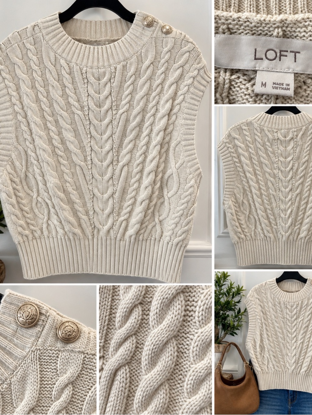 LOFT Cream Cable Knit Sweater Vest Size Medium Gold Button Detail